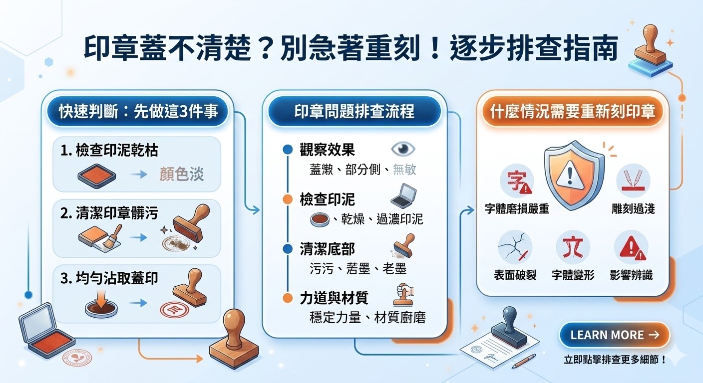 您是否遇到印章模糊、缺字或蓋不清楚的狀況，正考慮重新刻印？別急！大部分問題並非印章損壞。本文全面解析導致印章模糊的各種原因，從印泥乾枯、表面髒污到材質磨損應有盡有。我們整理了清晰的逐步排查流程與「避雷清單」，教您透過簡單的清潔與力道調整，輕鬆恢復精準的印章效果。只有在字體變形嚴重的特定情況下才需要重刻，助您省下不必要的費用，打造高品質的企業與個人印章用印體驗。