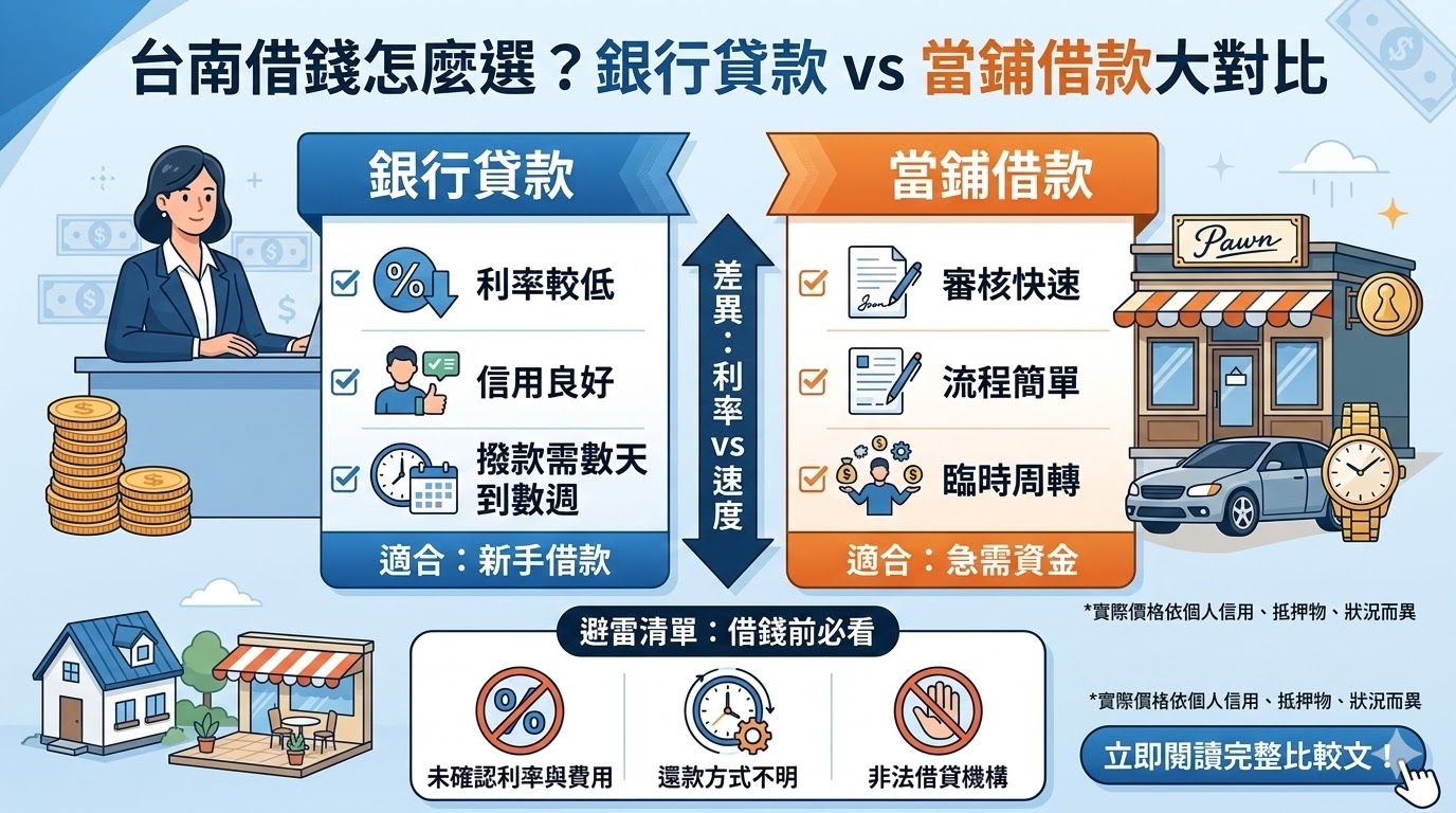 在面臨資金周轉需求時，選擇正確的管道至關重要。本文深入解析台南借錢的兩大主流方式：銀行貸款與當鋪借款。銀行貸款雖然利率較低且還款期限長，但審核嚴格且撥款較慢；而當鋪借款則以撥款迅速、流程簡便見稱，非常適合急需現金救急的族群。透過詳細的利率、額度與審核條件對比，我們幫助您在台南借錢前做好完整評估，並提供專業的借貸避雷清單，確保您能選擇最符合自身信用狀況與還款能力的方案，安全解決財務需求。
