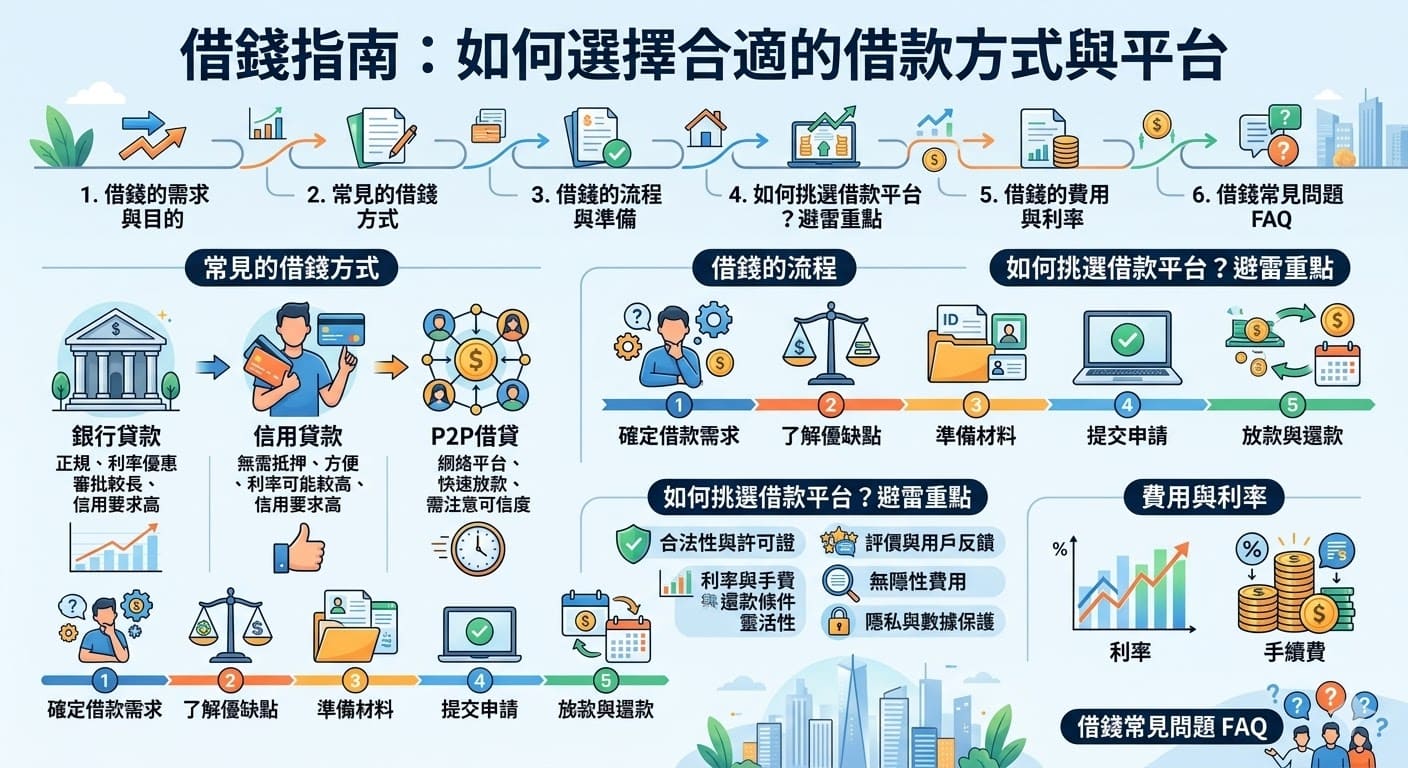 在生活中，借錢已經成為許多人解決短期資金需求的一種方式。無論是應急借款還是消費需求，選擇合適的借錢方式與平台非常重要。銀行貸款、信用貸款及P2P借貸等方式各有利弊，了解這些借款選擇及其利率、還款條件，能幫助你選擇最適合的借錢方案，避免不必要的費用與風險