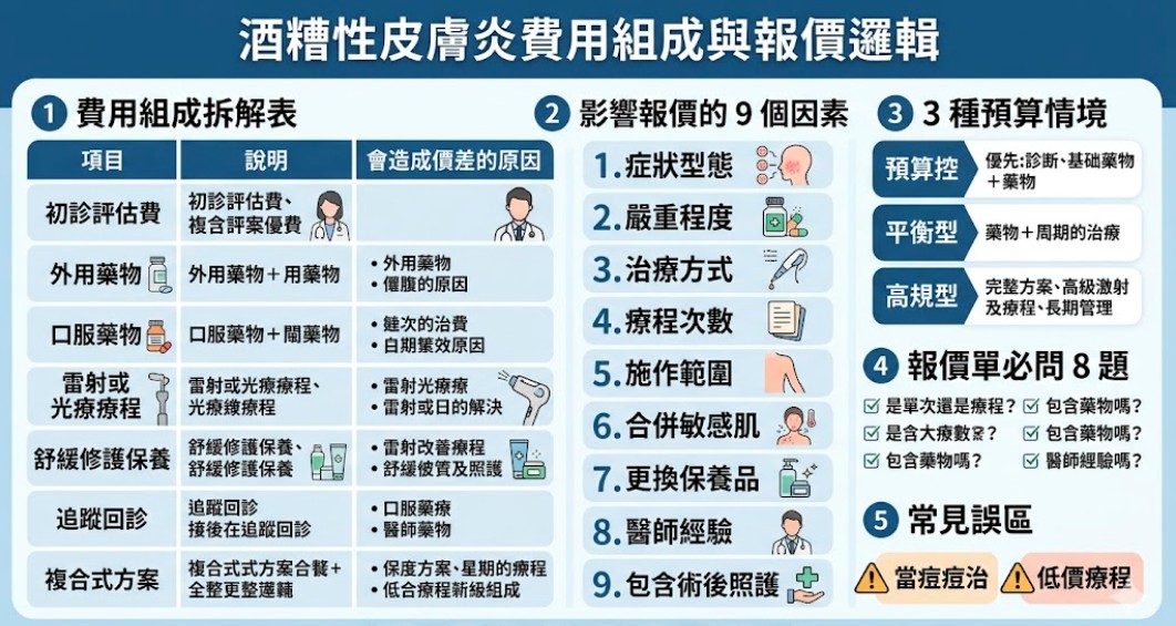 酒糟性皮膚炎費用會依症狀型態、嚴重程度、治療方式、回診頻率與是否搭配雷射光療而不同。本文整理酒糟性皮膚炎治療報價組成、影響價格因素、預算情境與報價單必問問題，幫助第一次諮詢者看懂費用怎麼算，避免只看單次價格而忽略後續照護、藥物調整與長期管理需求。