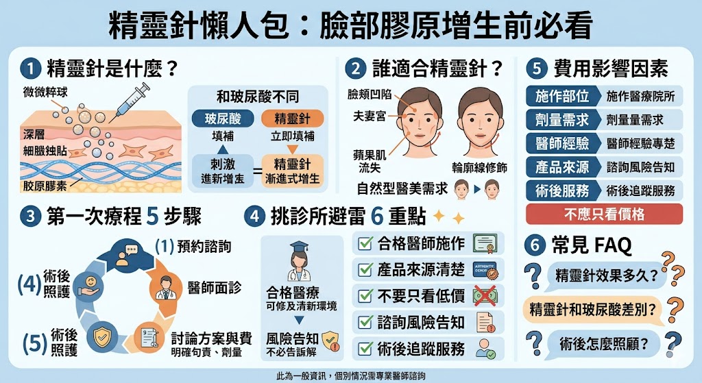 精靈針是近年常見的醫美注射療程，常被用於臉部輪廓修飾、凹陷支撐與膠原蛋白增生相關需求。想了解精靈針是否適合自己，建議先從療程原理、適合部位、施作流程、費用影響因素與診所挑選重點開始評估，並由合格醫師依臉部條件進行專業諮詢，避免只看價格或案例照就決定。